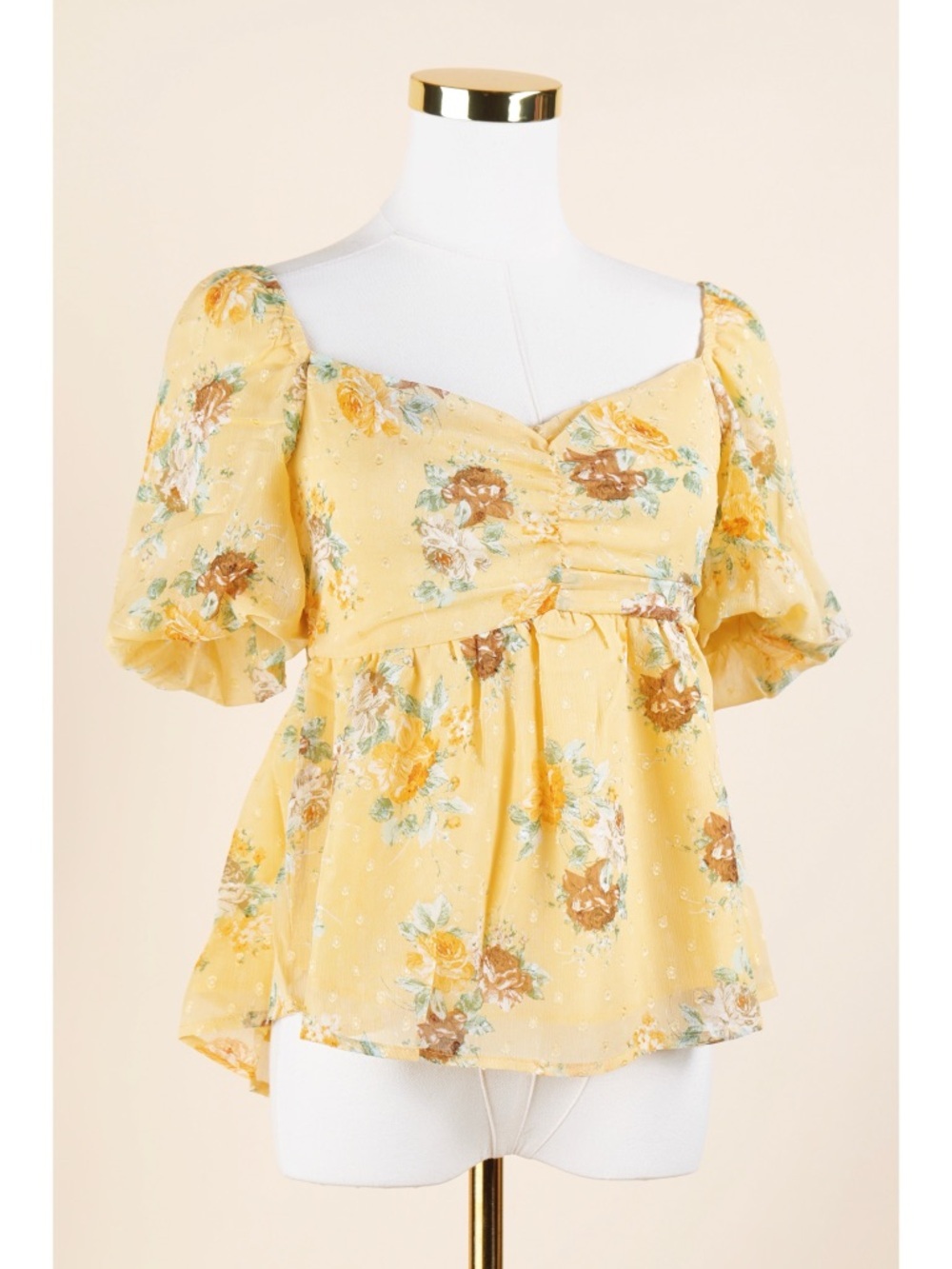 Sz S Promesa Sunshine Yellow Sweetheart Puff Sleeve Chiffon Peplum Top NWT
